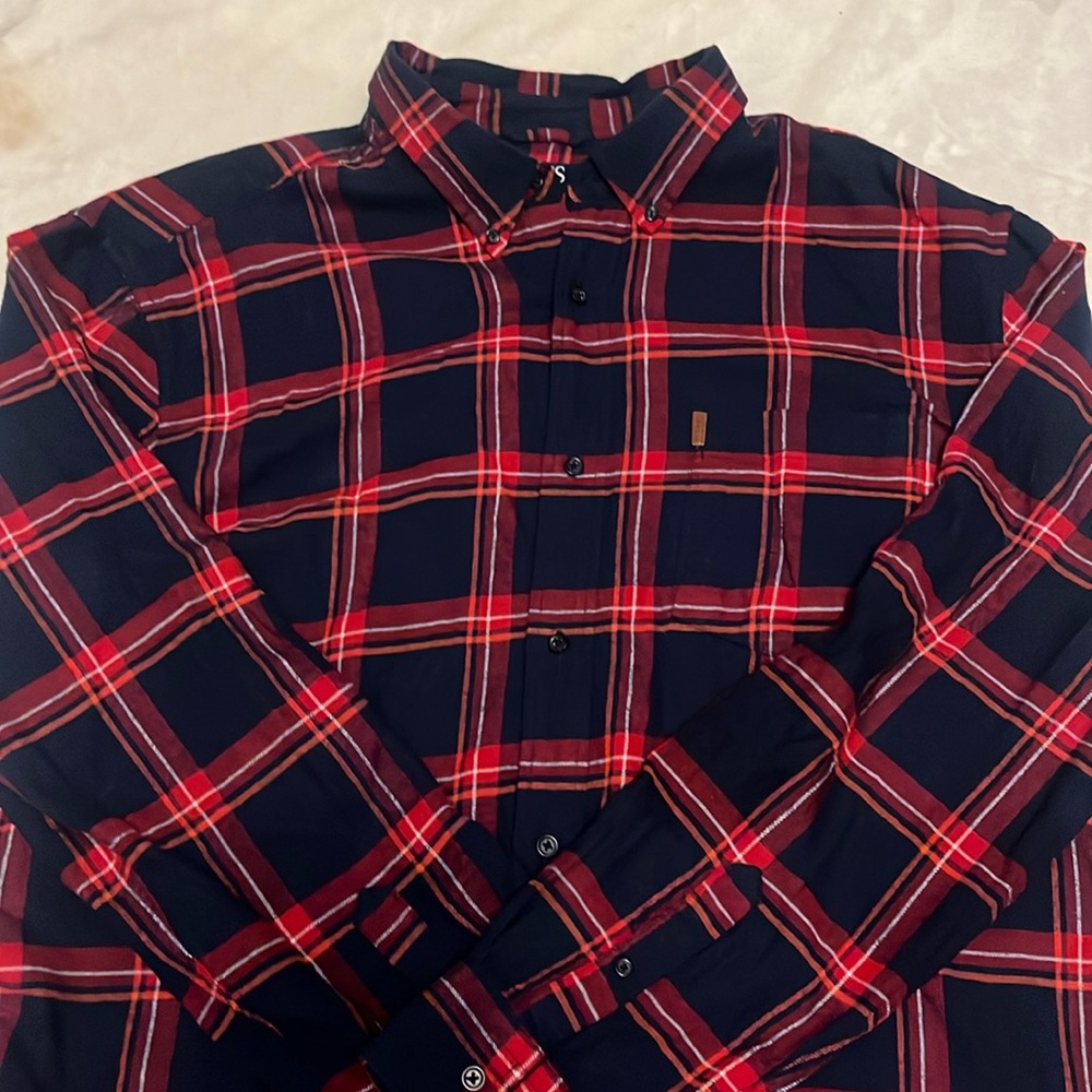 Chaps Red and Navy Plaid Button-Up Shirt